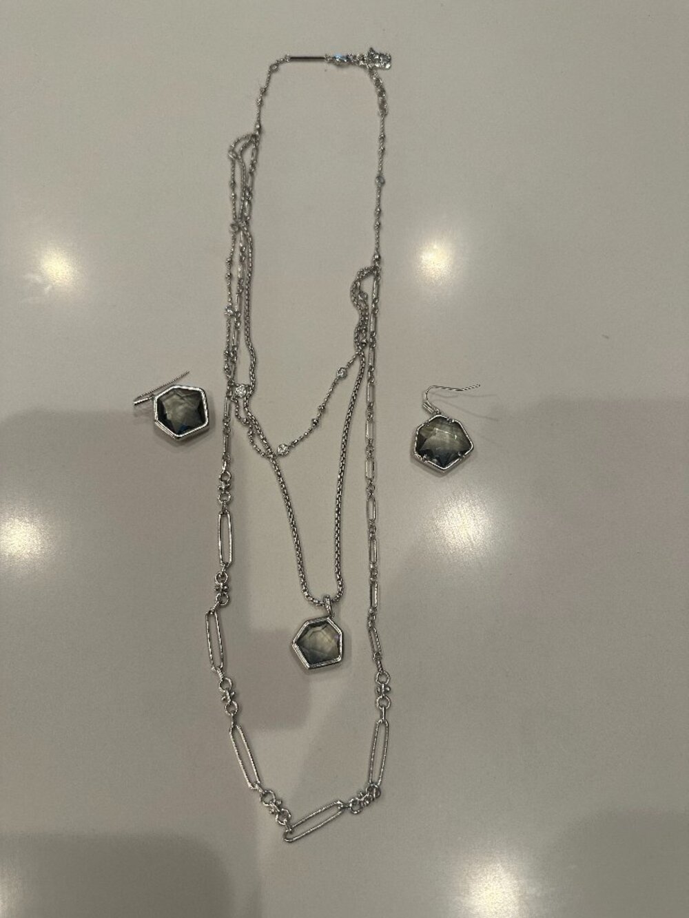 Kendra Scott Silver Gray Faceted Pendant Necklace + Drop Earrings Set